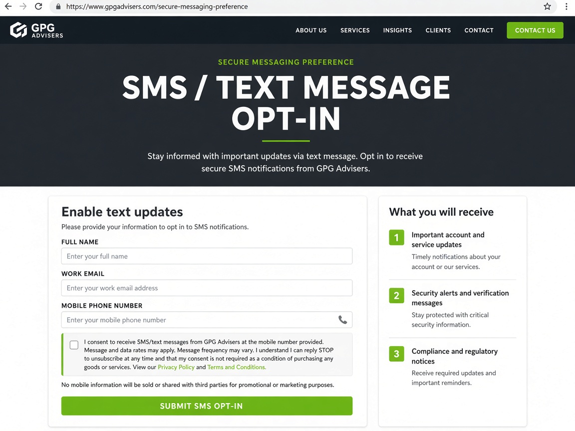 Screenshot of the GPG Advisers SMS opt-in form showing consent checkbox, Privacy Policy and Terms and Conditions links, and mobile information disclosure